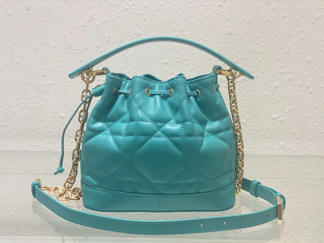 Small Dior Jolie Bucket Bag Aquamarina Macrocannage Lambskin and Calfskin